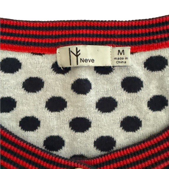 NEVE Navy White Polka Dot Cotton Knit Cardigan Button Sweater. - Picture 5 of 5